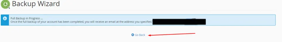 Backup in progress with the Go Back link