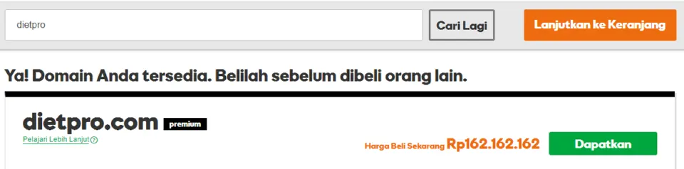 Domain search results and prices for dietpro