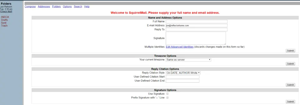 Webmail screen for the new business email account