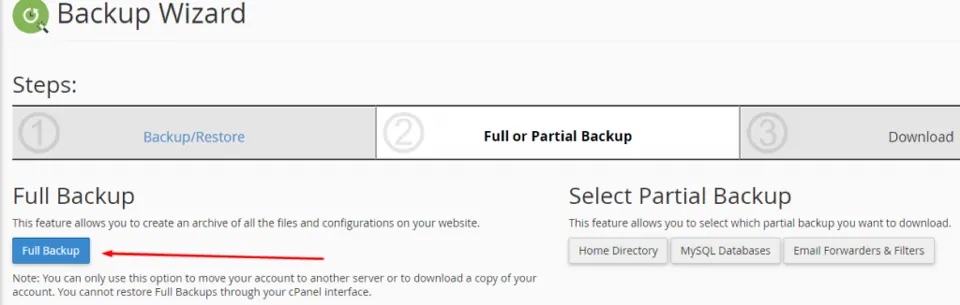 Full backup and partial backup options in cPanel