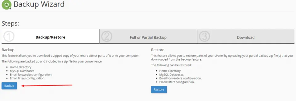 Clicking Backup in the cPanel Backup Wizard